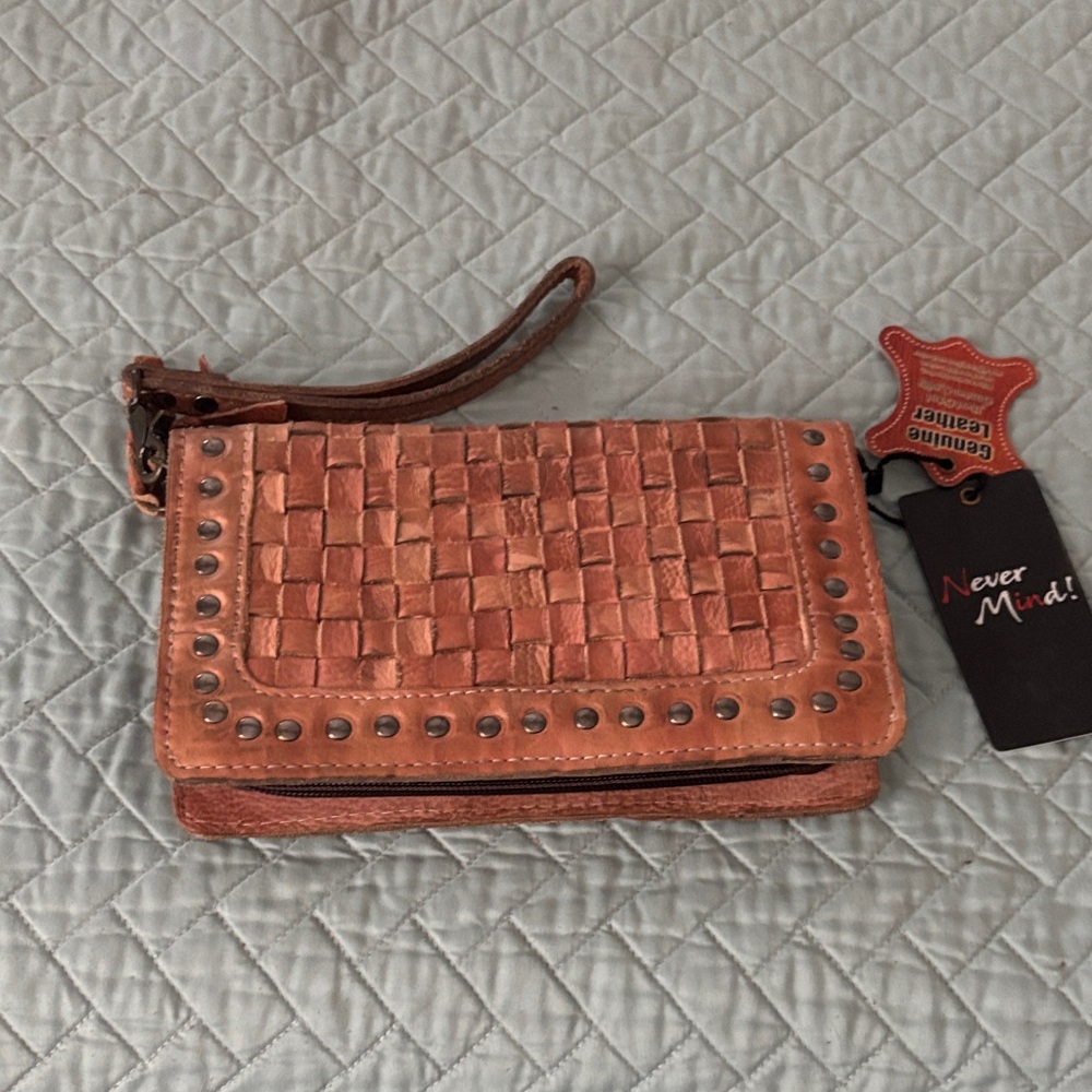 Woven Leather Wristlet with Stud Accents